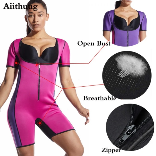 Aiithuug Bastudräkt för kvinnor Shapewear Viktminskningskorsett Svett Body Shaper Bantning Neopren Kortärmad neoprenbody red M