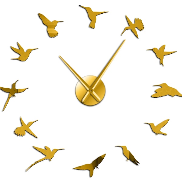 Kolibri Stor Design Väggklocka Tyst Svep Natur Djur Flyg Diy Väggur Rum Heminredning Akryl Klocka Fågelälskare Gåva Gold Wall Clock