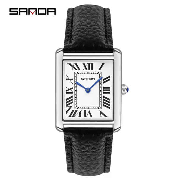 Sanda Brand Rektangulära Armbandsur För Kvinnor Silver Case Lyx Märke Äkta Läder Band Quartz Clock Zegarek Damski Black