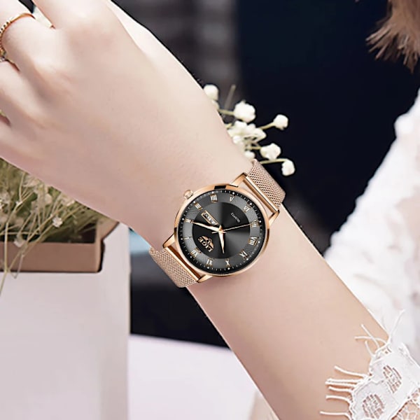 LIGE Watch Armband Quartz Clock Movement Enkel Vattentät Rose Gold Rostfritt stål Mesh Damklockor Relogio Feminino Rose gold black