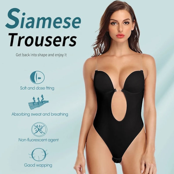 Sexig Djup V-hals Rygglös Body Shaper BH Body String String Shapewear Dam Naken Svart Osynlig Magkontroll Underkläder Bröllop Brown S