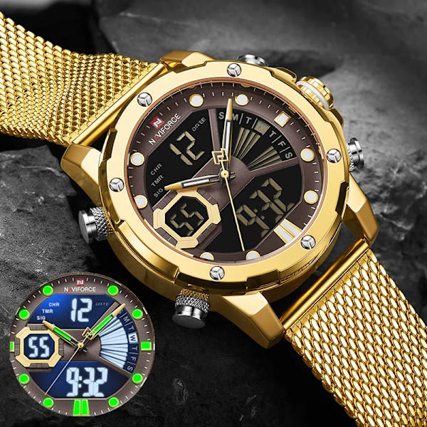 NAVIFORCE Originalklockor för män Lyxmärke Quartz Dual Display Militär watch Mesh stålband Vattentät klocka BGYB BOX