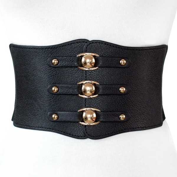 Mode kvinnor brett bälte Nytt metallspänne Elastiskt midjeband Lädernit Ultra brett bälte Black 80cm
