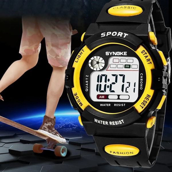 SYNOKE Multifunktionell Nattstudent Barn Elektronisk Watch Sport Vattentät Pojke Elektronisk Watch Vattentät Lätt Mode Yellow
