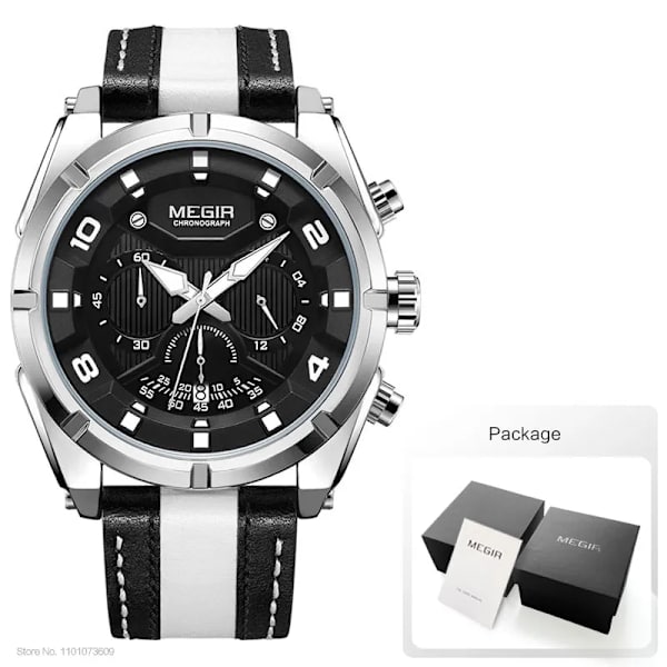 MEGIR Mode Herrkronograf Kvartsklockor Läderrem Lysande händer 24-timmars Sport Analog Armbandsur för Man 2076Vit White Black-Box