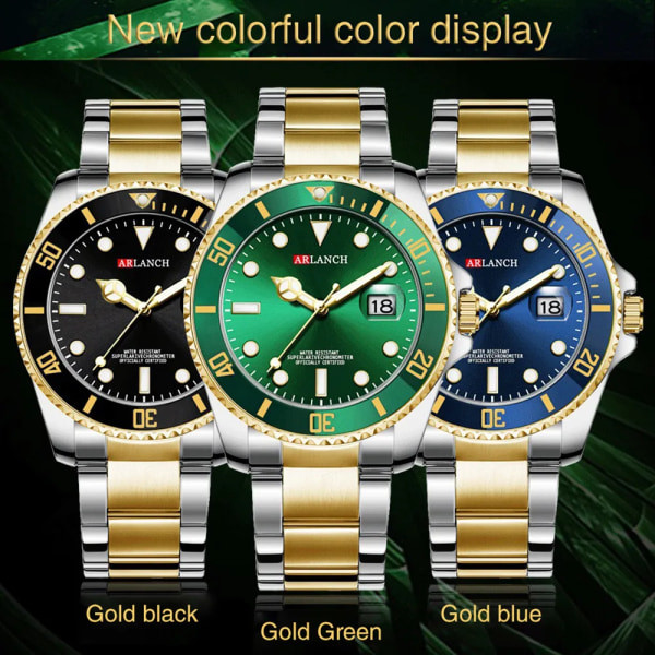 ARLANCH Hot Sell Herr Quartz Watch Toppmärke Date Sport Klockor Mode Lyx Vattentät Helt Stål Man Klocka Relogio Masculino Gold blue With box