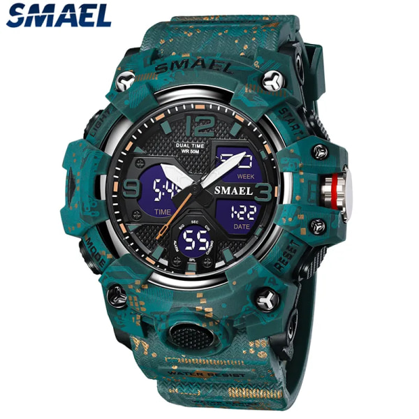 Herrklockor Sport SMAEL Military Watch Camouflage Style 50M Vattentät klocka Alarm Stoppur 8008 Quartz Armbandsur för män CAMO-GREEN