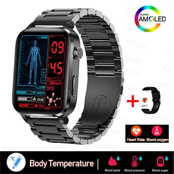 Smärtfri Icke-invasiv åtgärd Blodsocker Watch Män Laserbehandling Blodtryck Hälsa Kvinnor Glukometer Smartwatch Black steel A