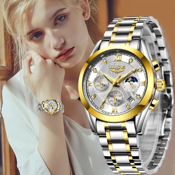 LIGE 2023 New Fashion Watch Dam Klockor Dam Creative Steel Dam Armband Klockor Dam Vattentäta klockor Relogio Feminino Gold white L