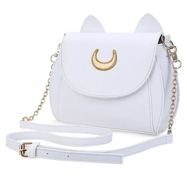 Ny Sailor Moon Damhandväska Svart Luna Cat Shape Kedja Axelväska PU Läder Dam Messenger Crossbody Small Bag White