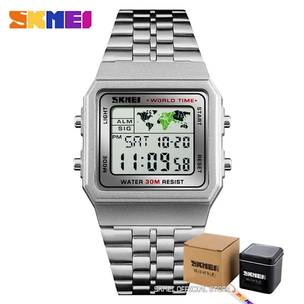 SKMEI Top Lyx Mode Watch Herr Väckarklocka 3Bar Vattentät Rostfritt stål Armband Digitala klockor reloj hombre 1338 sllver with box