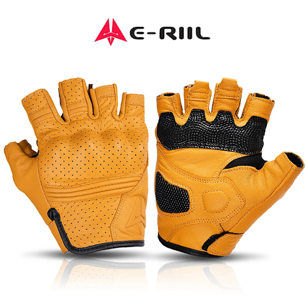 Perforerade Motorcykelhalvfingerhandskar Herr Motorcykel Läderhandskar Sommar Moto Handskar Fingerlösa Andningsbara Racinghandskar ERG-05 Yellow M