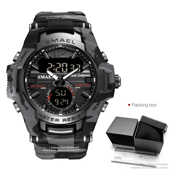 SMAEL Sport Digitala klockor för män Army Kamouflage Simning Armbandsur Väckarklocka Kalender LED Bakgrundsbelysning Dual Time Watch 1805 Camo Gray-Box
