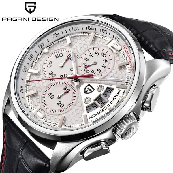 2021 PAGANI DESIGN Herr Kvartsklockor Lyxmärken Moderörelse Militärklockor Läderkvartsklockor Relogio Masculino white red B