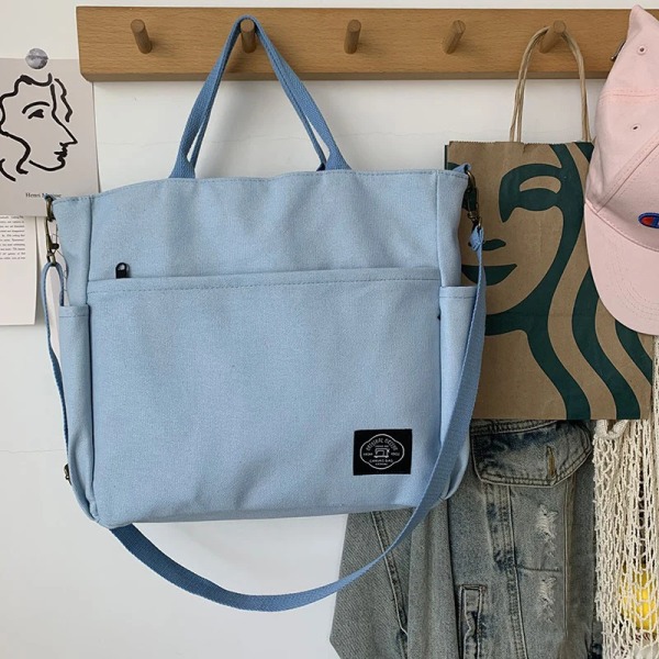 Hylhexyr Dam Retro Stora Väskor Bomulls Canvas Axelväska Mode Crossbody Handväska Dragkedja Casual Tote Multi Pocket Outer Zipper Blue