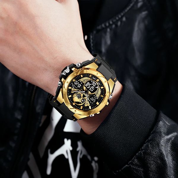 Ny STRYVE watch Creative Skull Design Digital-Analog Dual Display Watch Kalendervecka Stoppur Watch S8008 Gold