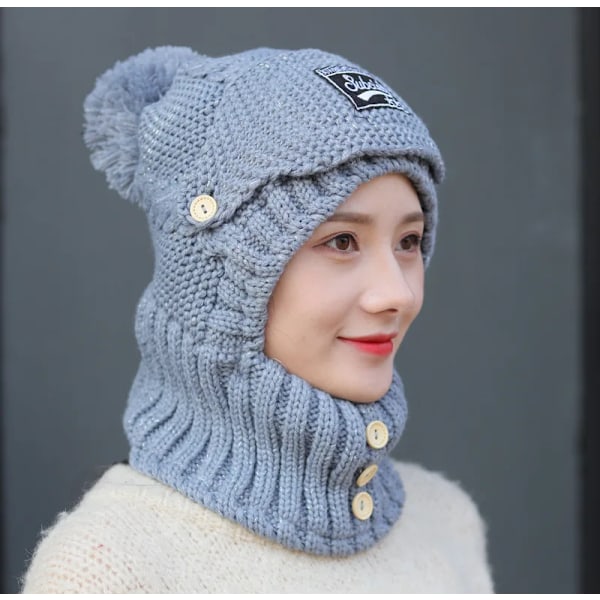 Vinterstickade mössor för kvinnor, tjocka och varma beanie-mössor, skallemössor, balaclava, bonnet, beanie-kepsar, utomhusridning gray