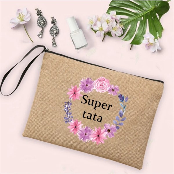 Super Tata Wreath Print Linne Sminkväskor Kosmetisk väska Dragkedja Resor Toalettsaker Organizer Kvinnor Neceser Bästa presenterna till Tata Q08083-A012BR-S