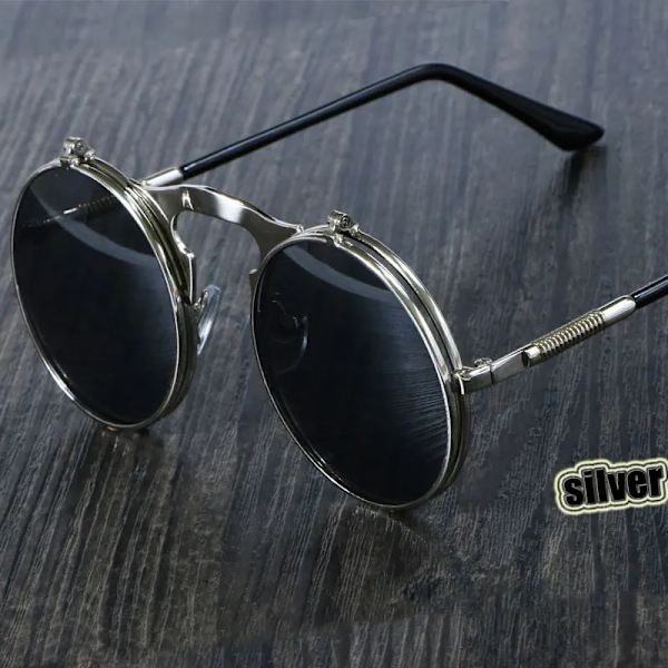 3057 Steampunk Solglasögon Rund Metall Dam Stil Retro Flip Circular Dubbel Metall Solglasögon Män CIRCLE SOLGLASÖGON silver silver