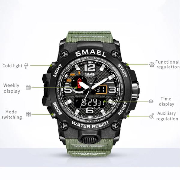SMAEL Dual Display Digital LED Watch Pointer Typ Quartz Elektriska klockor Relogio Masculino Uomo Sportklocka 1545 CAMOBLUE