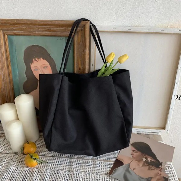 Axelväska i canvas Stor kapacitet Livsmedelsväskor Enkel enfärgad Designerhandväska Återanvändbar Shopper Eco Shoppingväskor Black