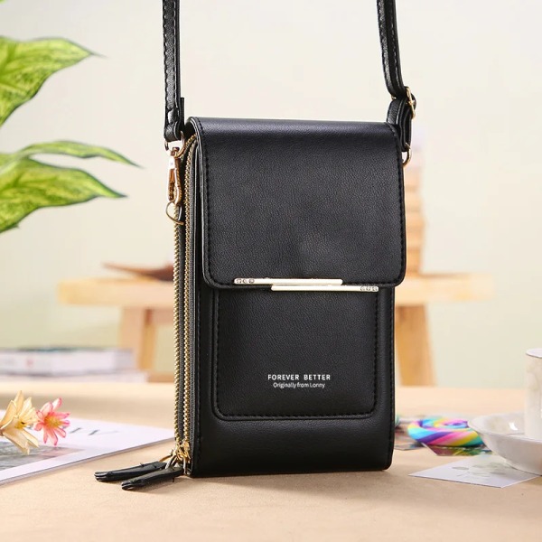 Buylor Damväska Trend Handväskor Mjukt läder Små plånböcker Touch Screen Mobilväska Mode Crossbody axelväskor BLACK 11x5x19CM