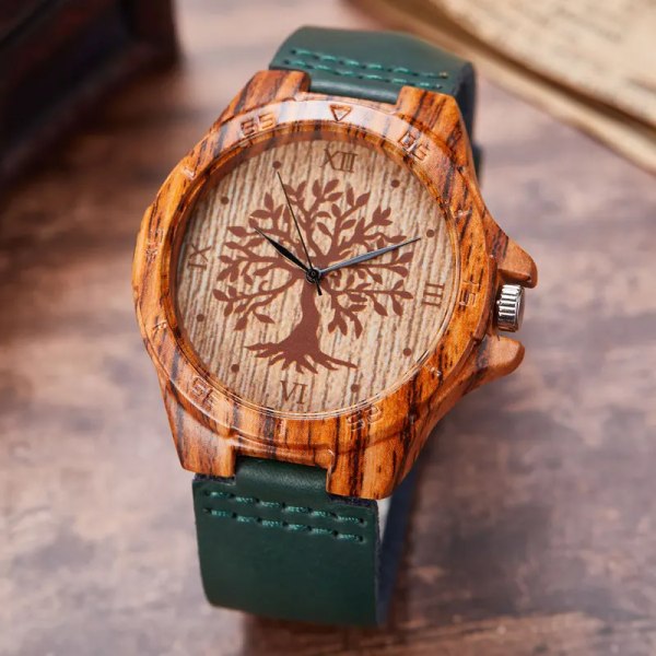 Natural Tree Wood Watch Quartz Herr Armbandsur i äkta läder Life Träddesign Mode Man Presenter Klocka Relogio Masculino tree1