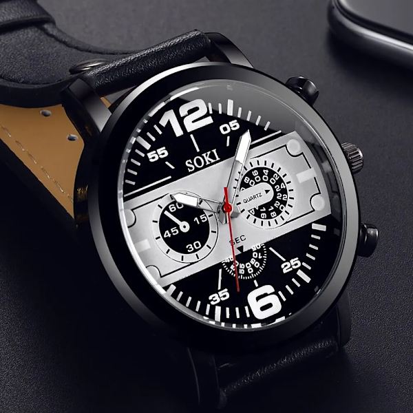 Man Fashionabla personlighet rund watch svart läder kvarts watch orange