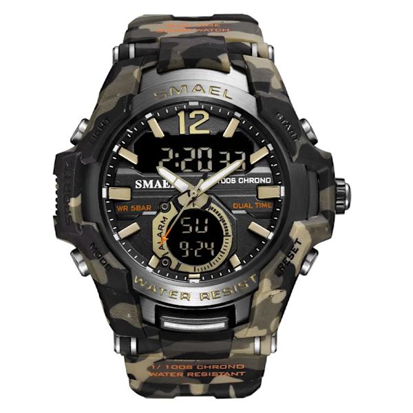 SMAEL Sport Digitala klockor för män Army Kamouflage Simning Armbandsur Väckarklocka Kalender LED Bakgrundsbelysning Dual Time Watch 1805 Camo Khaki