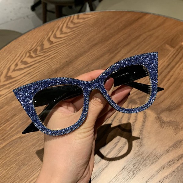 Överdimensionerade solglasögon kvinnor handgjorda bling cat eye solglasögon Dam vintage klara läsglasögon mode nyanser Oculos Black blue Other