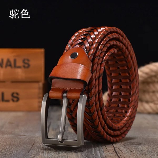 Flätat läderbälte för mäns bälten 4,0 cm bredd Lyxiga äkta läder ko-remmar Handstickat designerband läderbälte män Camel 115CM