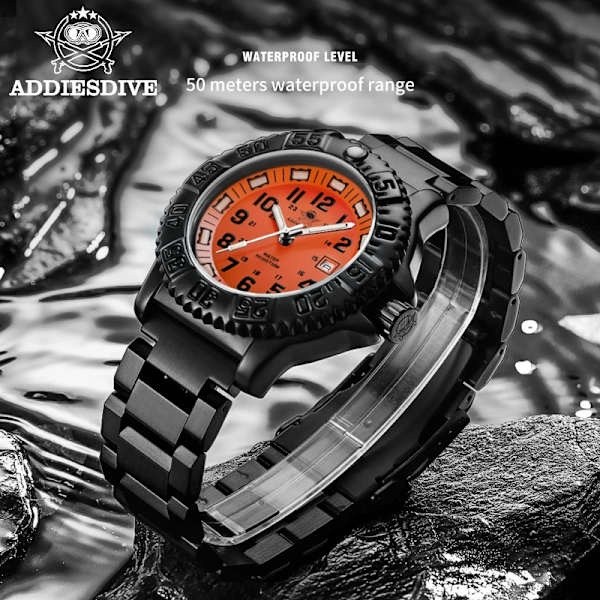 ADDIES Militärklockor män Toppmärke Fahsion Orange Urtavla Sport Vattentät rostfri kvartsklocka Watch Watch da uomo Black nylon B