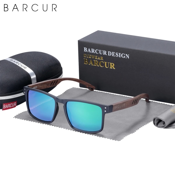 BARCUR Solglasögon för män Märkesdesigner Naturligt valnötsträ Solglasögon Dam Polariserade glasögon UV400 Eyewear Oculos Black Green EVA BARCUR