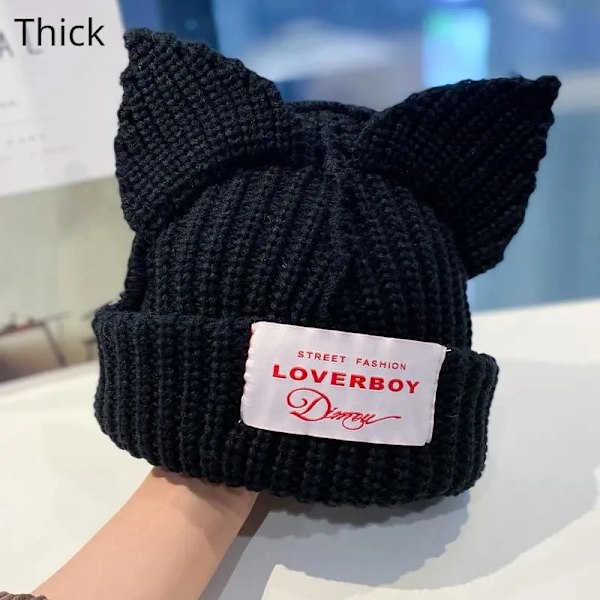 Söt Mode Huva Cap Loverboy Katteöra Stickad Hatt Dubbellager Varm Grisöra Hatt Nisch Design Hip-Hop Personlighet Kalla Hatt E41black M 56-58cm