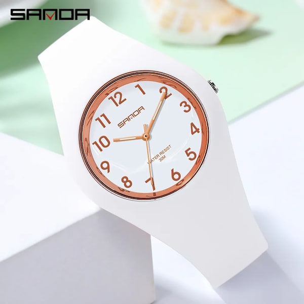 SANDA Lyx Damklockor Quartz Movement Armbandsur Vattentät Enkel Silikon Casual Analog Watch För Dam Reloj Mujer White
