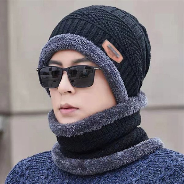 Ny Stickad Fleece Halsduk Vinterhatt Mjuk Herr Och Dam Beanie Varm Hatt Tjockare Plus Sammet Lös Vinterhatt Med Halsduk GR2