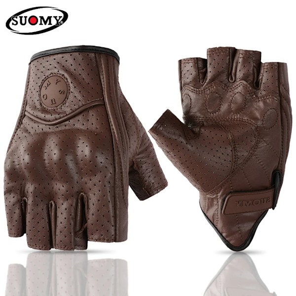 Suomy Sommar Brun Motorcykelhandskar Fingerlösa Getläder Moto Åkhandske Halv Finger Retro Herr Dam Motorcykel Halv Handske SU13H Brown-Hole XXL