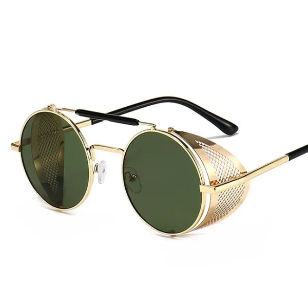 Trendiga Retro Steampunk Solglasögon Märke Märke Designer Rund Steam Punk Alloy Solglasögon Goggle För Kvinnor UV400 Gafas de Sol Gold green with pouch and cloth