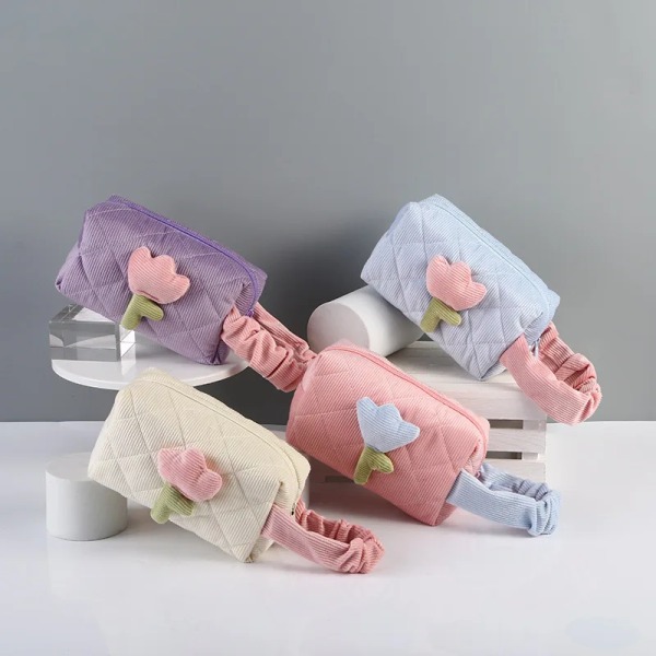 Mode Kvinnors Tulpan Blommor Påse Stor kapacitet Resekosmetikväska Manchester Dragkedja Bärbar förvaring Make Up Organizer Blue Bucket Bag