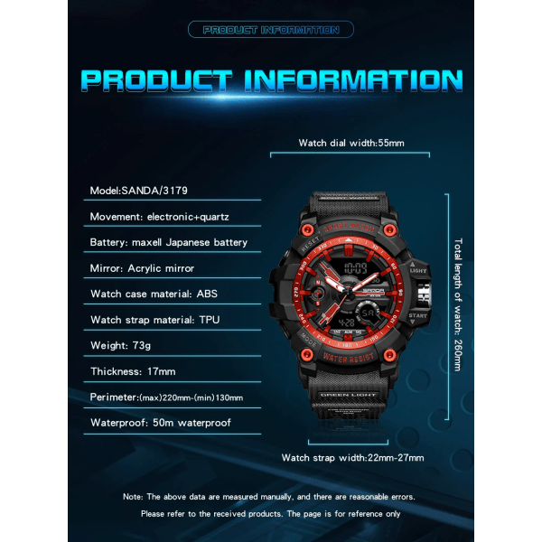 SANDA 3179 Digital Watch för män 50M vattentät watch Dual Display Quartz Watch för män Luminous Relogio Masculino blue