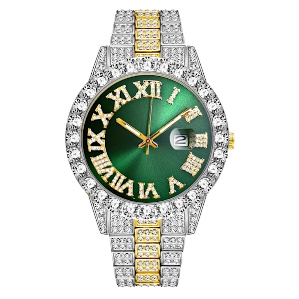 2 st Watch+armband Hip Hop rostfritt stål Watch för män Iced Out stenlagda strass herrklocka Watch Hombre 1pc Watch SGG