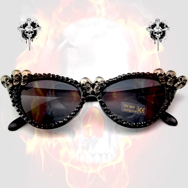 Gothic Skull Solglasögon Halloween Christmas Cat Eye Crystal Punk Solglasögon lyx designer vintage gafas de sol mujer Cat Eye Black