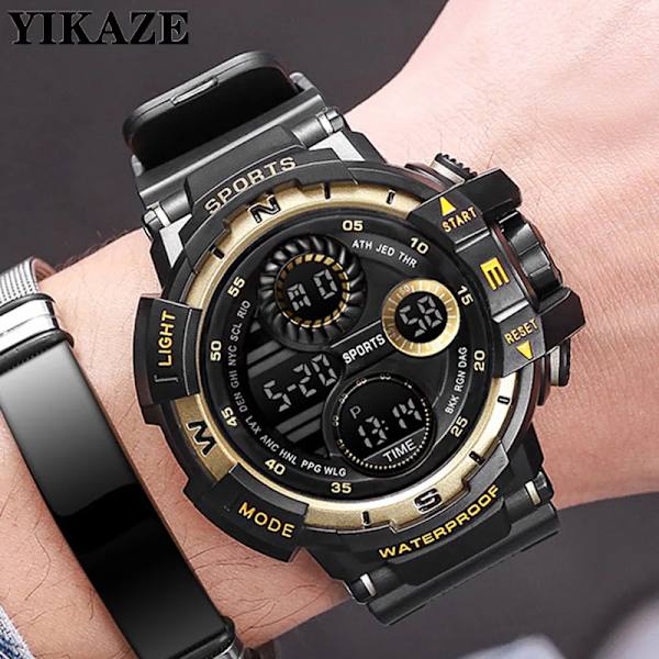 YIKAZE Svart Watch Militär Watch Digitala herrklockor Vattentät Countdown Date LED Elektronisk Armbandsur Klocka B-Black gold