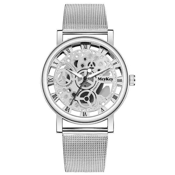Nytt mode Topp kvinnor ihåligt skelett Faux mekanisk watch dam mesh kvarts armbandsur för kvinnor Relogio Feminino silver