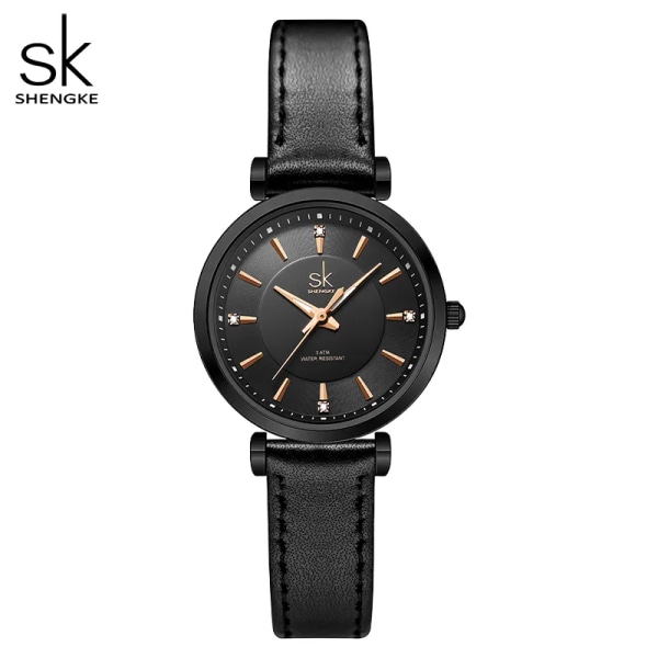 Relogio Feminino Shengke sk Mode Damklockor Rose Golden Rostfritt stål Dam Quartz Armbandsur Dam Färgrik klocka Black Leather