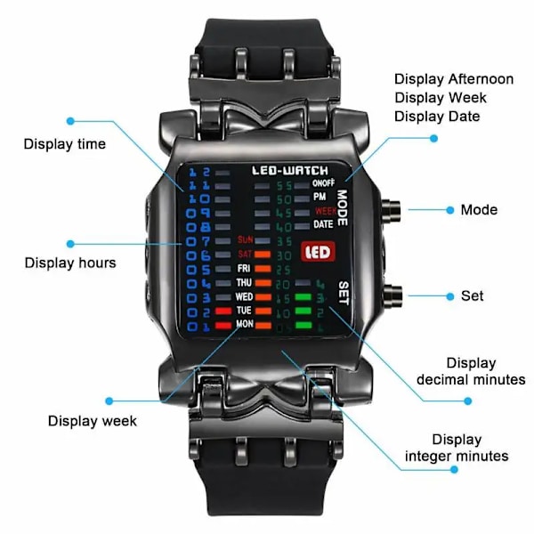 LED- watch Män Mode Kreativ Krabba Typ Elektronisk Watch Lysande binär present Affärsstil Cool Vattentät Multi Black