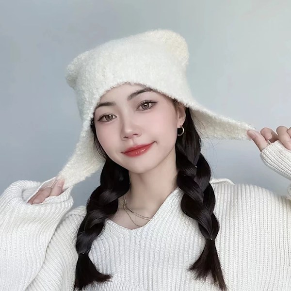 Nya Öron Höst Vinter Beanies Söta Säkerhetsbjörnar Hatt För Kvinnor Varm Tjock Lamb Fleece Resehätt Pullover Utomhus Dammössa Fog blue Adult average size
