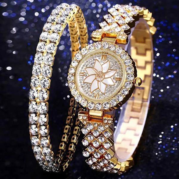 Watch 2022 Ny Hot Luxury Diamond Top Mode Fritid Set Ge present Relogio Feminino Gold Set 2