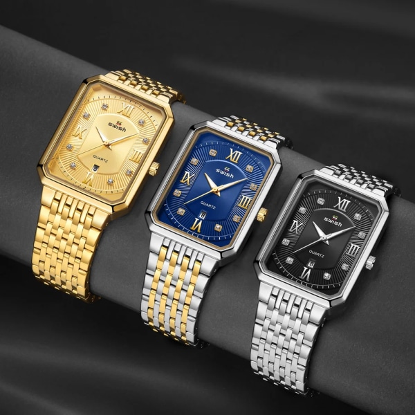 Lyxiga gyllene klockor Herr Toppmärke Designer Quartz Armbandsur Creative Rectangle Diamond Watch Vattentät Relogio Masculino Golden