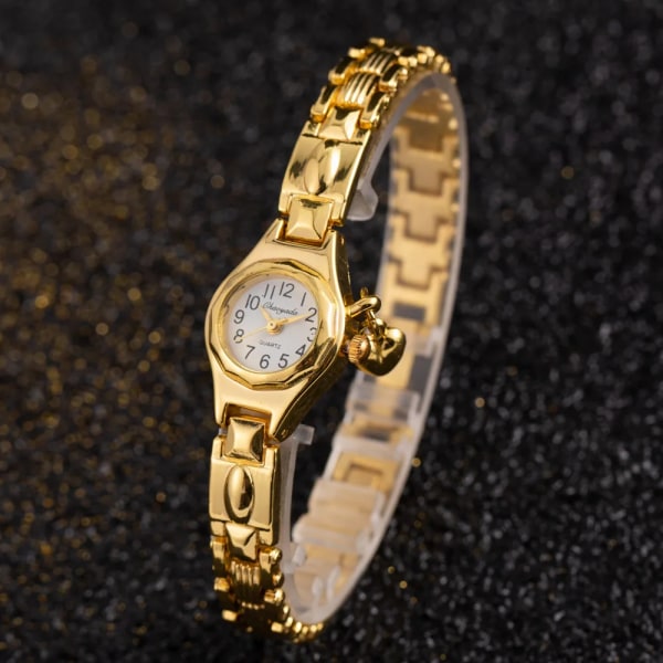Damarmbandsur Guldarmband liten urtavla Elegant watch med hjärthänge Watch i rostfritt stål för kvinnor Gold 2